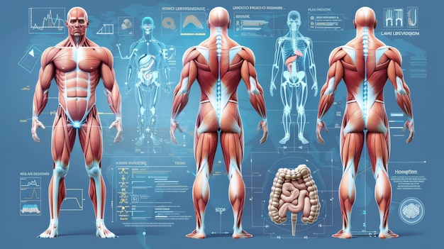 Poster anatomico del sistema muscolare umano Struttura dei gruppi muscolari anteriore e posteriore Biceps trapezius e triceps Deltoide e adduttori illustrazione di bodybuilding