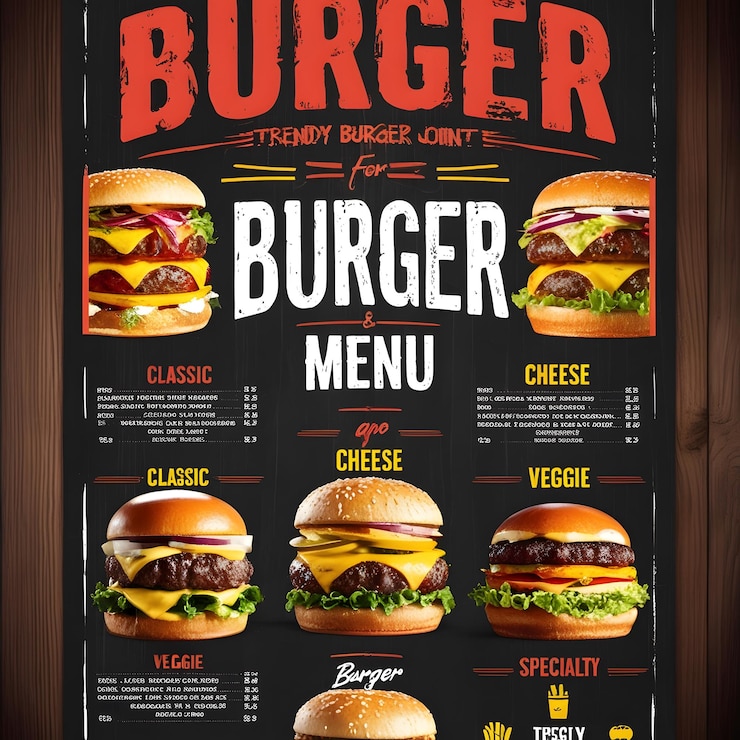 Foto poster appetitoso del menu degli hamburger per un ristorante alla moda
