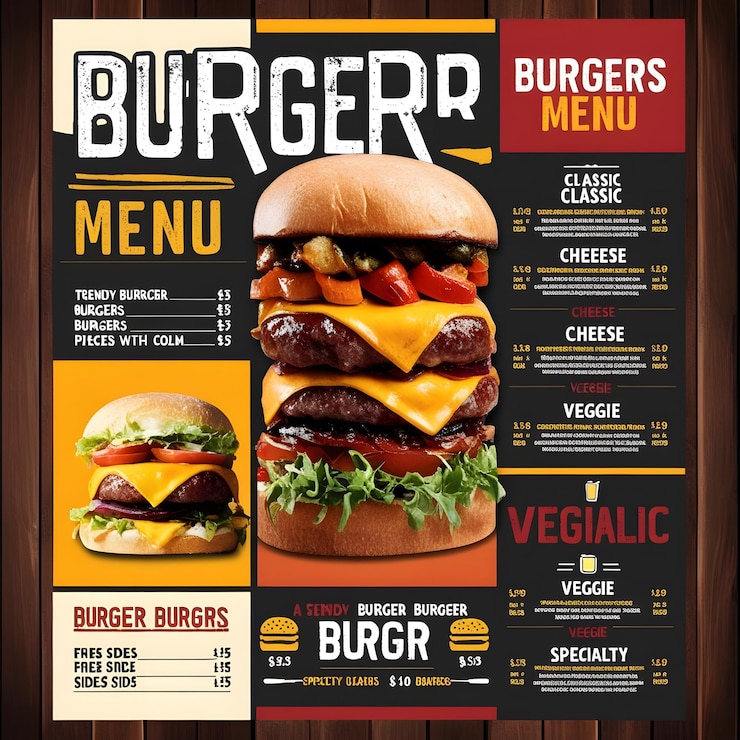 Foto poster appetitoso del menu degli hamburger per un ristorante alla moda