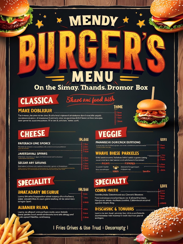 Foto poster appetitoso del menu degli hamburger per un ristorante alla moda
