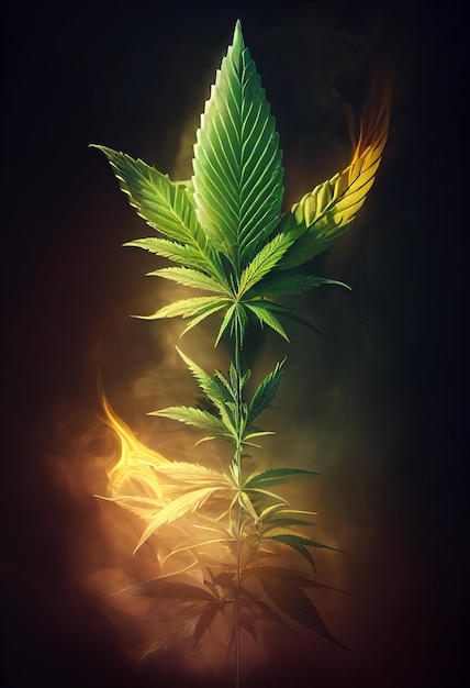 Poster artistico di marijuana Foglie di cannabis verde in fumo artistico Foglie di erbaccia con fumo bianco su sfondo scuro