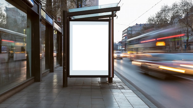 Poster bianco per cartelloni pubblicitari sulla fermata dell'autobus in una stazione con auto in movimento sullo sfondo Vista frontale mockup concetto poster vuoto traffico cittadino