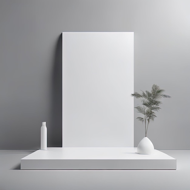 poster bianco vuoto con podio geometrico in interno minimalista 3d rendering mock up per il prodotto