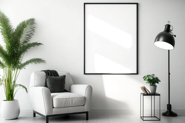 Poster bianco vuoto su parete chiara accanto alla poltrona reclinabile nera in un design domestico elegante e contemporaneo