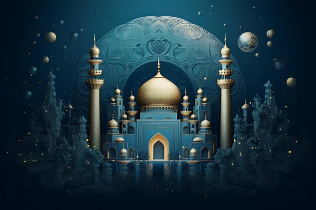 Poster blu e oro di Eid e Ramadan con una moschea Generative AI