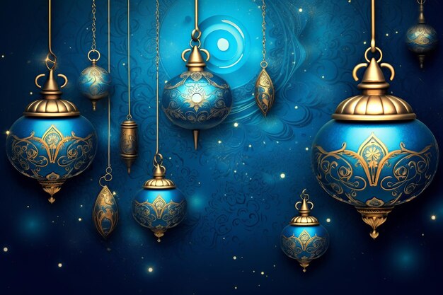 Poster blu e oro di Eid e Ramadan con una moschea Generative AI