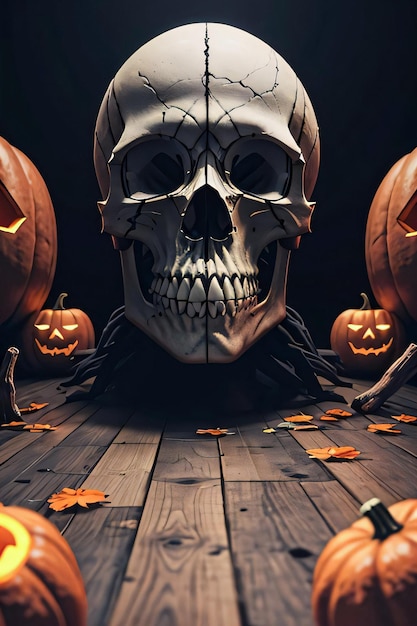 Poster cinematografico di Halloween con sfondo di teschio e zucche