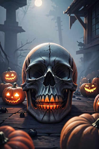 Poster cinematografico di Halloween con sfondo di teschio e zucche