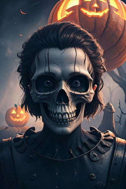 Poster cinematografico di Halloween con sfondo di teschio e zucche