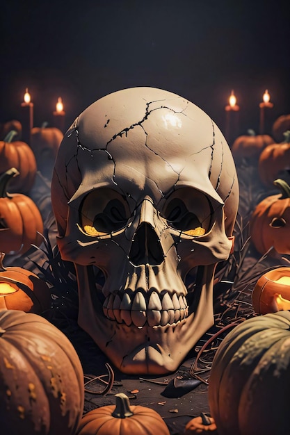 Poster cinematografico di Halloween con sfondo di teschio e zucche