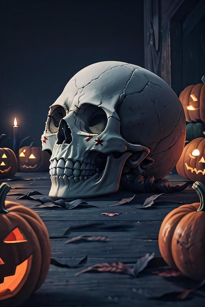 Poster cinematografico di Halloween con sfondo di teschio e zucche