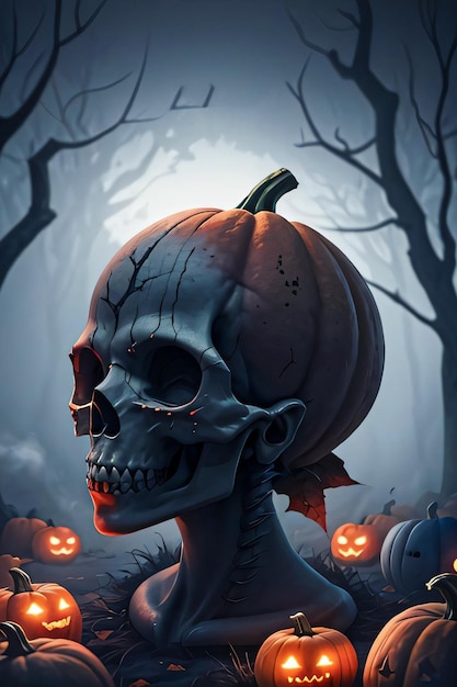 Poster cinematografico di Halloween con sfondo di teschio e zucche