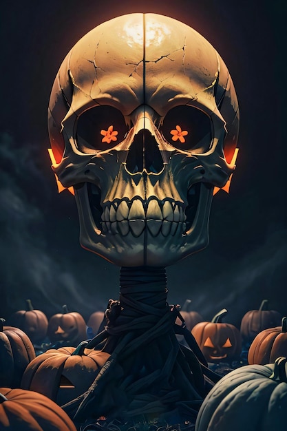 Poster cinematografico di Halloween con sfondo di teschio e zucche