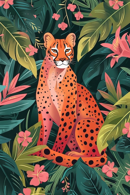 Poster colorato con un ghepardo in una foresta tropicale immagine generata da Ai