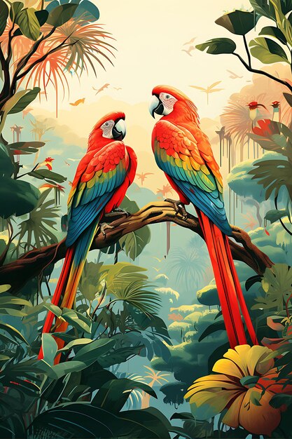 Poster colorato uccelli tropicali foresta pluviale vita aviaria piumaggio brillante colori idee concettuali creative