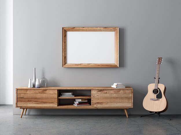 Poster con cornice in legno orizzontale Mockup appeso sopra la console e il rendering 3d della chitarra acustica