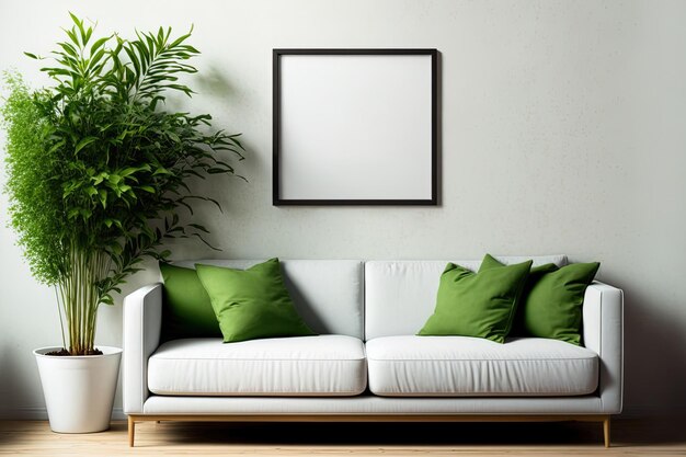 Poster con cornice quadrata con divano e piante verdi su sfondo bianco