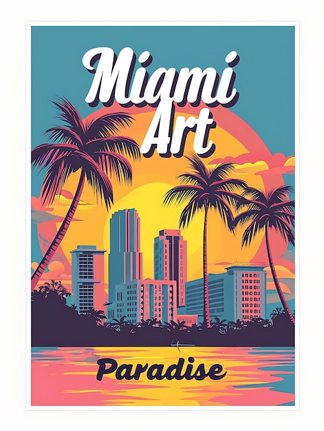 Poster con testo e slogan di Miami Art Deco Paradise con vista sulla spiaggia del design del layout dell'illustrazione