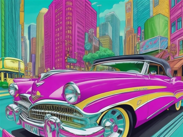 Poster con un'auto d'epoca Auto piatta dai colori vivaci sullo sfondo della città