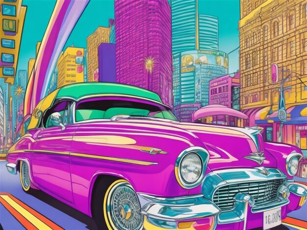 Poster con un'auto d'epoca Auto piatta dai colori vivaci sullo sfondo della città