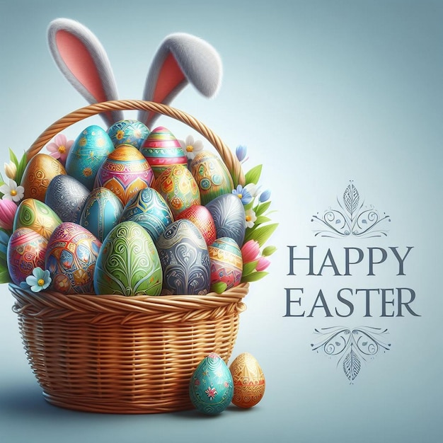 poster creativo per le uova di Pasqua con un cesto di uova di pasqua tema del giorno del mangiatore felice