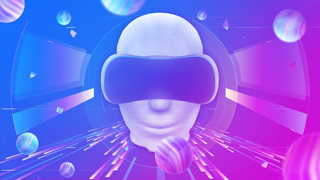 Poster del concetto di intelligenza artificiale metaverso del pianeta virtuale umano e VR indietro