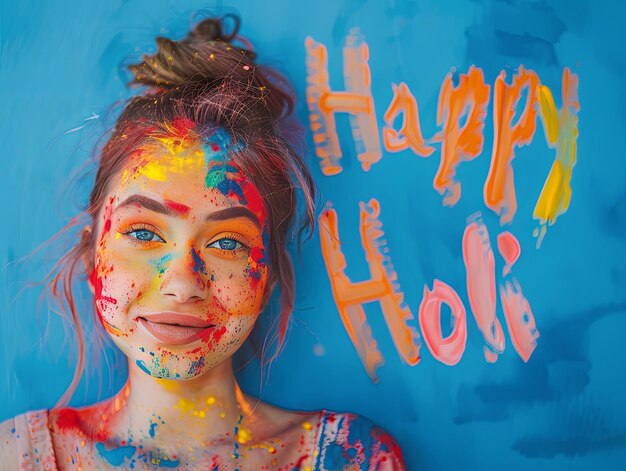 Poster del festival di Holi Donna sorridente con testo Happy Holi