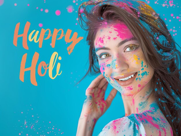 Poster del festival di Holi Donna sorridente con testo Happy Holi