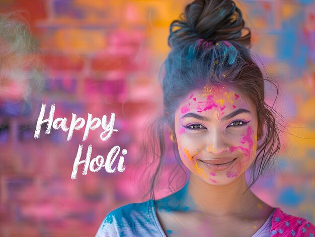 Poster del festival di Holi Donna sorridente con testo Happy Holi