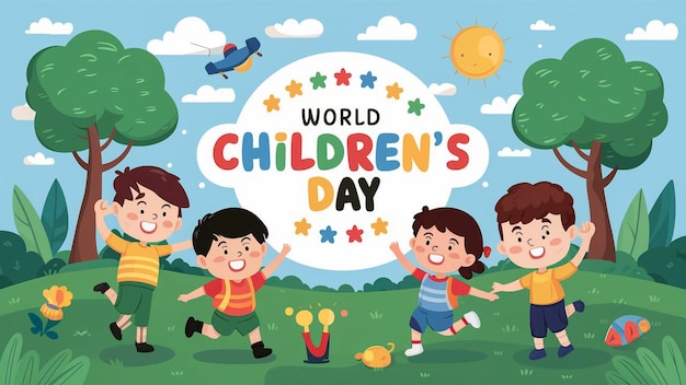 poster del giorno dei bambini con un arcobaleno e le parole giorno dei bambini