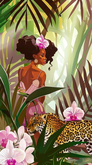 Poster del Giorno della Terra con una giovane modella nera con splendide orchidee nei capelli accanto a un modello di leopardo