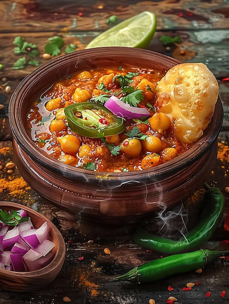 Poster del piatto Chole Bhature con ceci e sottaceti Caldo un'illustrazione Cibo Bevanda Aromi indiani