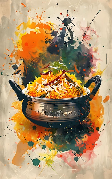 Poster del piatto di Biryani con zafferano e cereali di riso Ricco e Vi Illustrazione Cibo Bevanda Aromi indiani