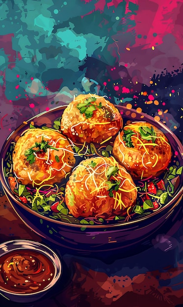 Poster del piatto di Pani Puri con Tamarind Chutney e Crispy Puris Illustrazione Cibi Bevande Saggi indiani