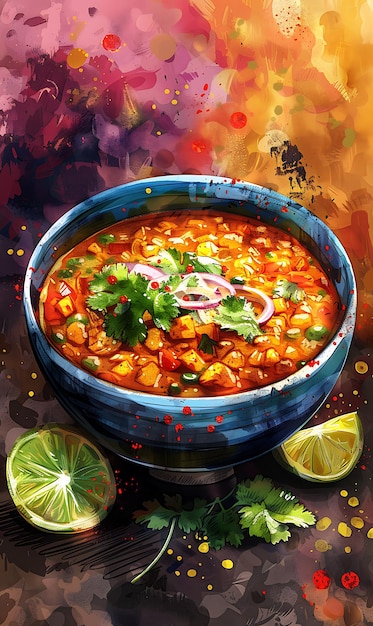 Poster del piatto di Pav Bhaji con burro e verdure Illustrazione in grassetto e sp Alimentazione Bevanda Aromi indiani