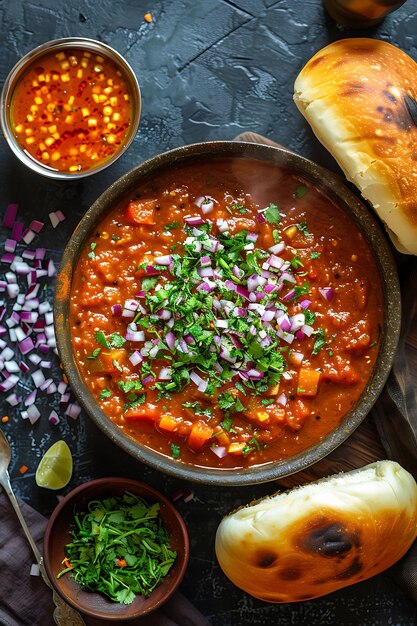 Poster del piatto di Pav Bhaji con Pav al burro e Bhaji piccante Illustrazione a grassetto Cibo bevande sapori indiani