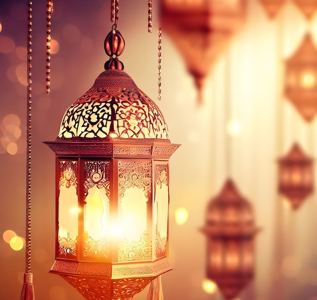poster del ramadan con foto di una bellissima decorazione a lanterna