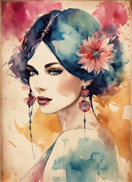 Poster del salone di bellezza per capelli in acquerello vintage boho retro