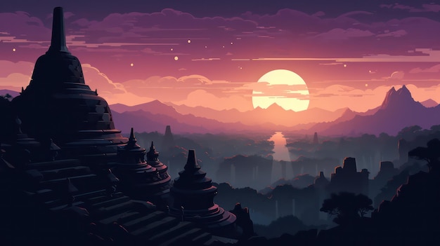 Poster del tempio di Borobudur di notte con vista sul cielo scuro