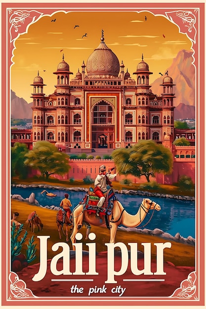 Poster del testo e dello slogan di Jaipur, la città rosa, con un design del layout dell'illustrazione del paesaggio di Jai