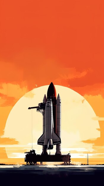 Poster del viaggio celeste con uno Space Shuttle in un cielo arancione
