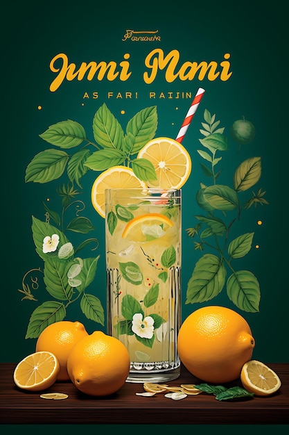 Poster della bevanda Nimbu Pani con foglie di limone e menta Cucina fresca e indiana per lo stile di vita