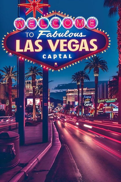 Poster della capitale dell'intrattenimento con testo e slogan di Las Vegas con un design del layout dell'illustrazione della vista