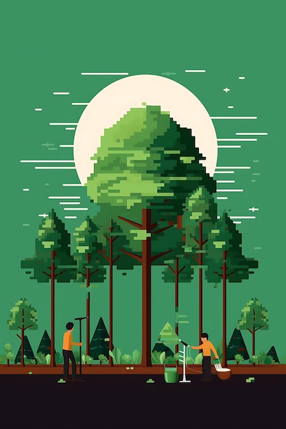 Poster della Giornata della Terra con le famiglie che piantano alberi in una foresta verde e della Giornata internazionale del design 2D