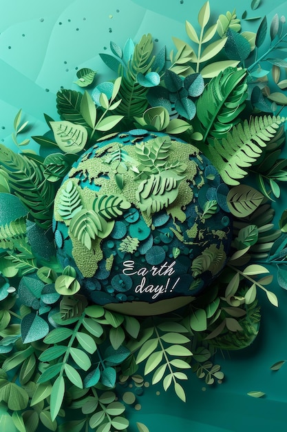 Poster della Giornata della Terra sullo sfondo con foglie verdi e testo Giornata la Terra sul globo in stile tagli di carta