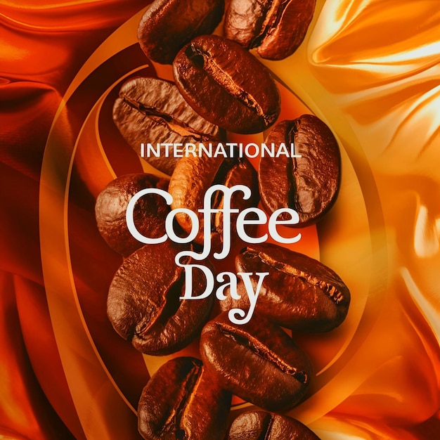 Poster della Giornata internazionale del caffè sullo sfondo con chicchi di caffè