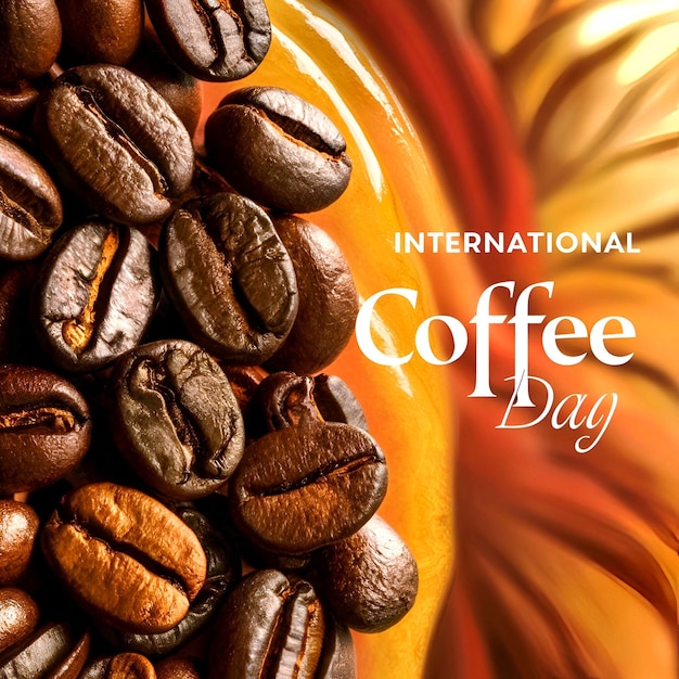 Poster della Giornata internazionale del caffè sullo sfondo con chicchi di caffè
