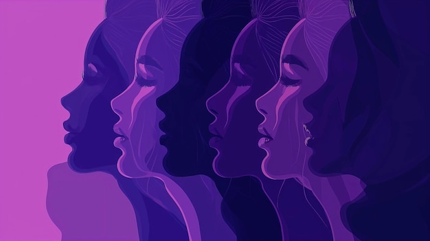 Poster della Giornata Internazionale della Donna con silhouette di volti di donne multiculturali in stile viola