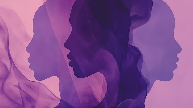 Poster della Giornata Internazionale della Donna con silhouette di volti di donne multiculturali in stile viola