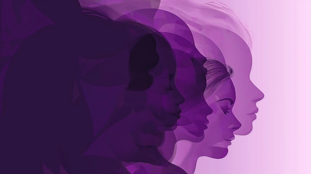 Poster della Giornata Internazionale della Donna con silhouette di volti di donne multiculturali in stile viola